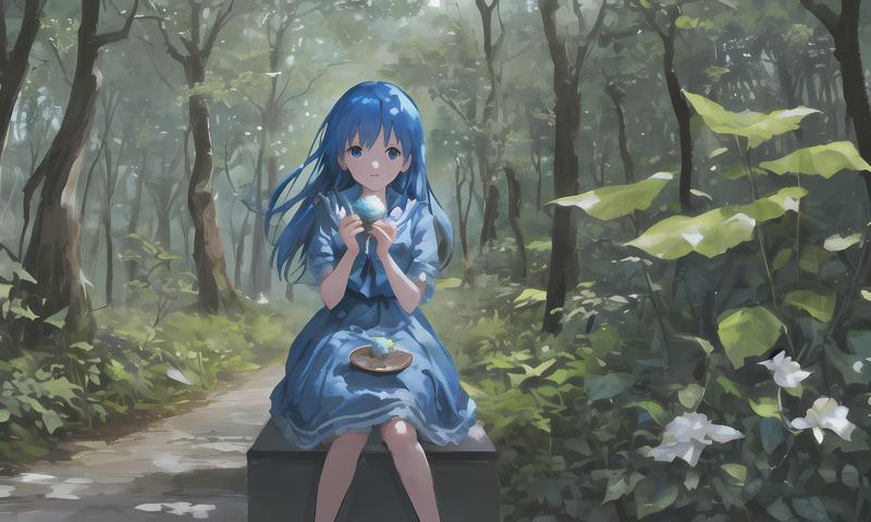 00127-1638991112-((solo)),A girl stooped to feed the blue bird in the forest. The focus was on the girl. Her masterpiece, exquisite details, perf.png